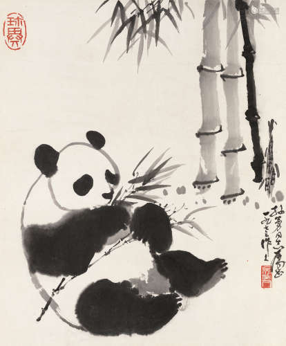 吴作人 1973年作 熊猫 镜片 水墨纸本