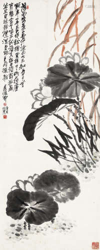 吴昌硕 庚戌（1910）年作 墨荷 立轴 设色纸本