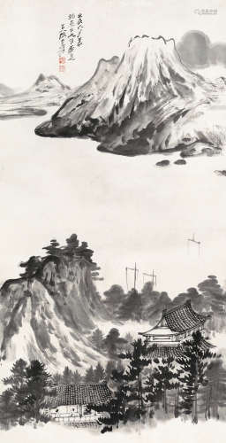 张大千 壬辰（1952）年作 江畔楼阁 立轴 水墨纸本