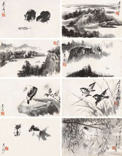 唐云 戊午（1978）年作 山水花鸟册 册页 （八开） 水墨纸本