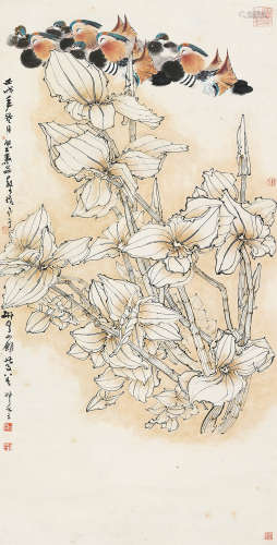 郑乃珖 壬戌（1982）年作 茨菇鸳鸯 立轴 设色纸本