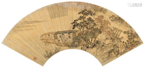 陈仁程远 辛酉（1621）年作 琵琶行诗意图 楷书《琵琶行》 镜片 设色金笺