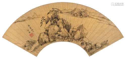 余煌 丙寅（1626）年作 山水 扇面 水墨金笺