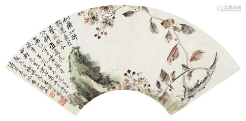 赵浩公黄少梅 辛未（1931）年作 紫薇花寿石 镜片 水墨纸本