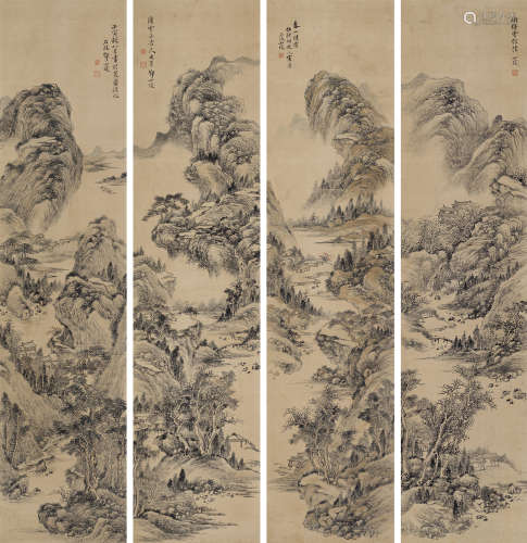 邓如琼 壬寅（1842）年作 山水 四屏立轴 设色纸本