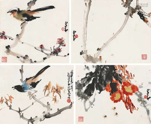 赵少昂 戊申（1968）年作 花鸟草虫 （四帧） 镜片 设色纸本