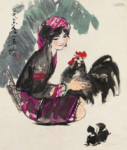 林墉 1976年作 抱鸡姑娘 镜片 设色纸本