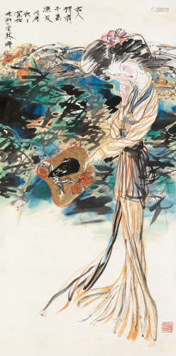 林墉 戊辰（1988）年作 执扇仕女 立轴 设色纸本