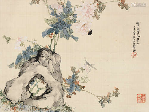 居廉 乙未（1895）年作 花卉草虫 镜片 设色绢本