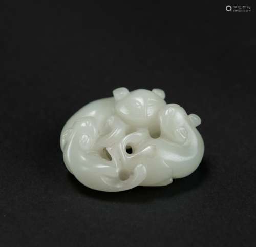 Qing-A Chinese White Jade Carved Three Foxes With Stand