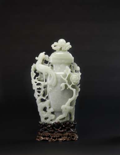 A Large Chinese White Jade Covered Vase With Stan