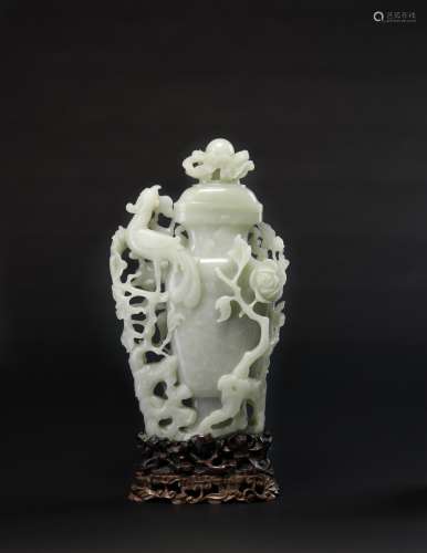 A Large Chinese White Jade Covered Vase With Stan