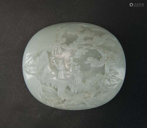 Qing-A Large Chinese White Jade Carved �igure And Landscape�Qing<br>A Large White Jade Carved ‘figure And Landscape’ Plaque<br>D:12.3 x 10.6 x 0.4 cm. (4 7/8 x 4 1/8 x 1/5 in. )<br><br>清<br>白玉雕人物山水圖帶應為如意三鑲金部件<br>Provenance 來源：舊金山白人舊藏