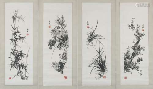 Qi Liangyi (1921-2003) Chinese Painting - Four Hang Scroll  Plum, Orchid, Bamboo And Chrysanthemum