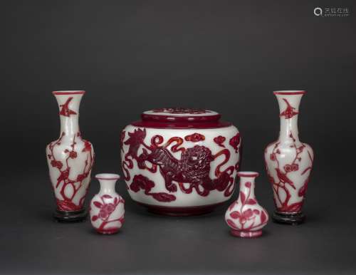 Qing-A Group Of Five Chinese White Overlay Red �lower, Cloud�Glass Vases And Cover Jar