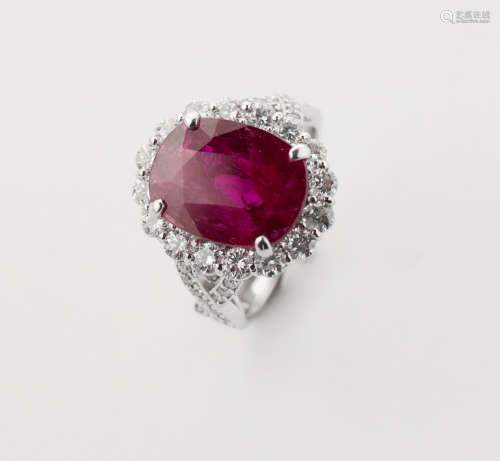 An Oval Shape Brilliant Cut 6.62 Carats Transparent Red Ruby Ring Mounted With Near- Colorless Diamond