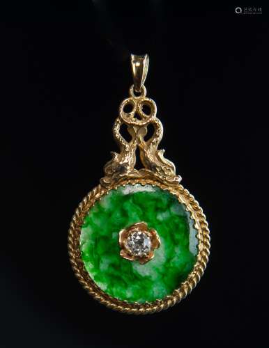 A Icy Translucent Green Jadeite Pendent Mounted With 0.5 Ct H Color Diamond And 14K Gold