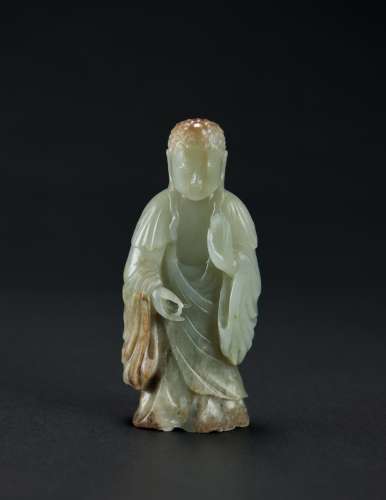 Qing-A Chinese Celadon White Jade Carved Buddh