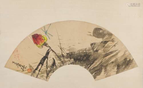 Wu Changshuo (1844-1927) Chinese Painting-Lotus On Fan Painting