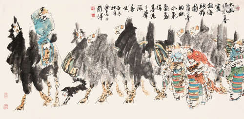 冯远刘大为 2000年作 瀚海驼铃图 镜片 设色纸本