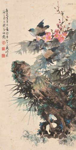 黄幻吾 1982年作 双燕 立轴 设色纸本
