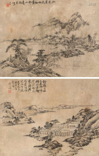 钱维城 1758年作 初晴图 禅林景趣图 镜框 设色纸本