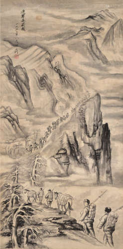 何文杰 1952年作 进军西藏图 镜片 水墨纸本