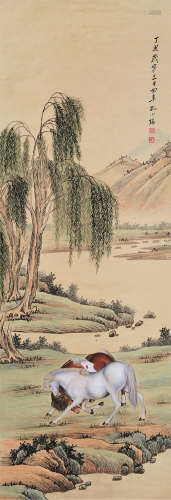 孔小瑜 1937年作 柳溪双马 立轴 设色纸本
