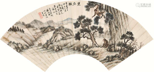 潘炳坤 1924年作 双猴图 扇片 设色纸本