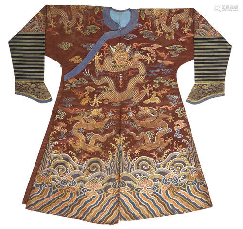 A Manchu nobleman's chestnut ground brocade-woven court robe, jifu Qianlong/Jiajing period