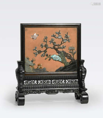 A zitan table screen with jade and semi-precious stone inlay 18th/19th century