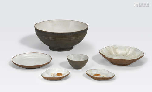 A group of six yixing pottery items with crackle glaze