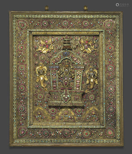 A large gilt-metal filigree and inset stone votive plaque to Vishnu Nepal, 19th century