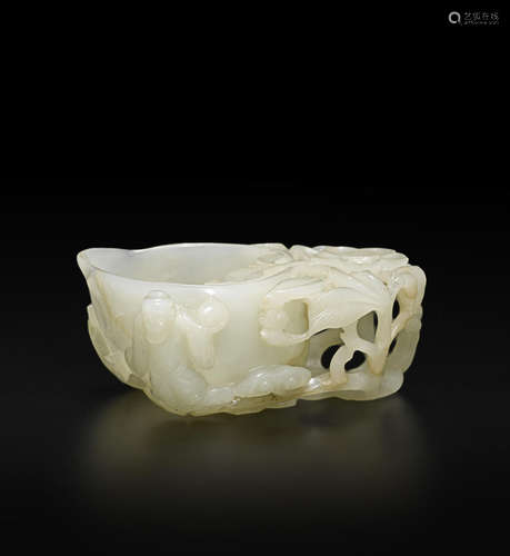 A fine very pale green jade 'Immortal and prunus' water coupe 17th century