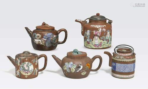 A group of five polychrome enameled Yixing teapots