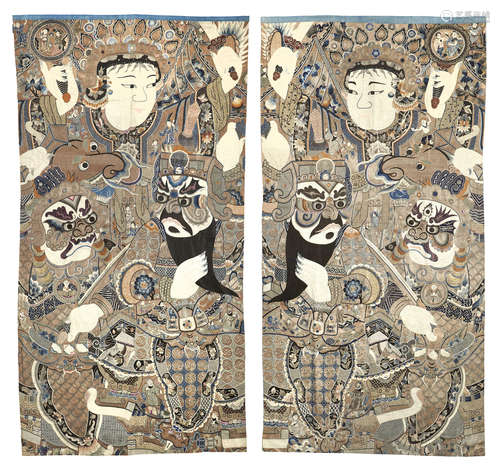 A Pair of massive embroidered theatrical hangings Late Qing dynasty