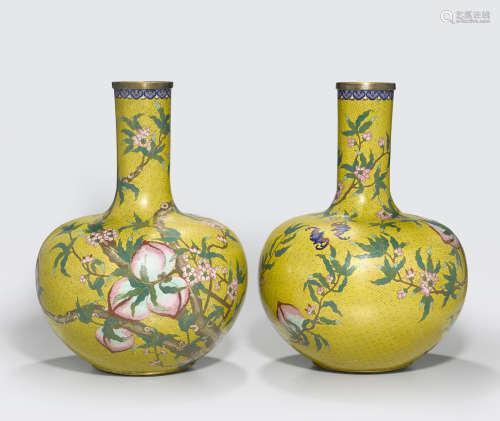 A pair of large yellow ground cloisonné enameled stick neck vases Yuan shan tang marks, late Qing dynasty