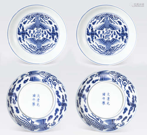 A pair of blue and white phoenix dishes Guangxu six-character marks and of the period