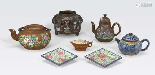 A group of seven polychrome enameled Yixing pottery vessels