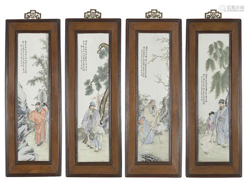 A set of four polychrome enameled panels Signed Wang Yizhi