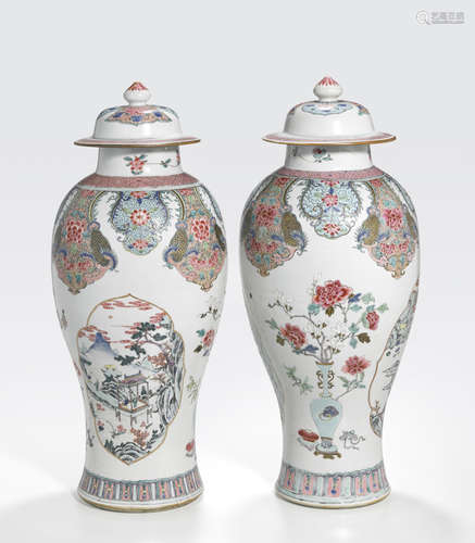 A pair of famille rose baluster vases and covers 18th century