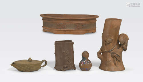 A group of five Yixing pottery decorations