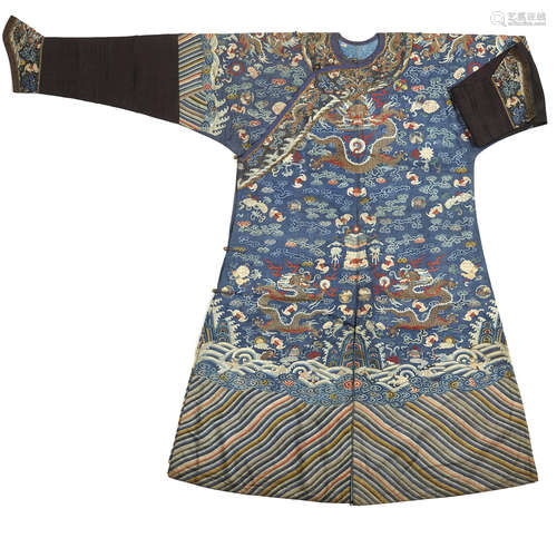 A blue ground kesi-woven silk dragon robe 19th century