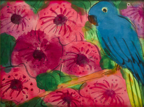 Walasse Ting (Ding Xiongquan, 1929-2010) Parrot and Flowers