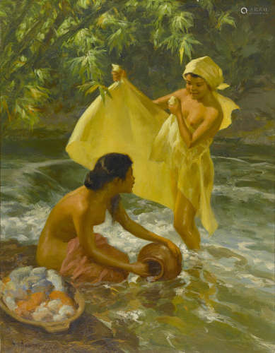 Fernando Armorsolo Y Cueto (1892-1972) Bathers by a Stream, 1953