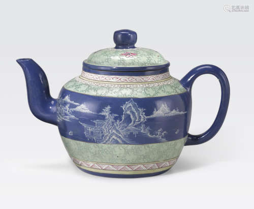 a large polychrome enameled Yixing pottery teapot