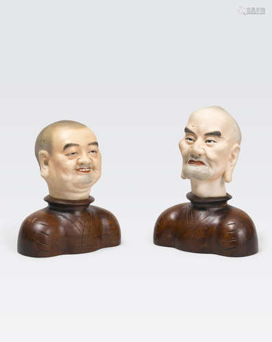 Two painted biscuit heads of luohan