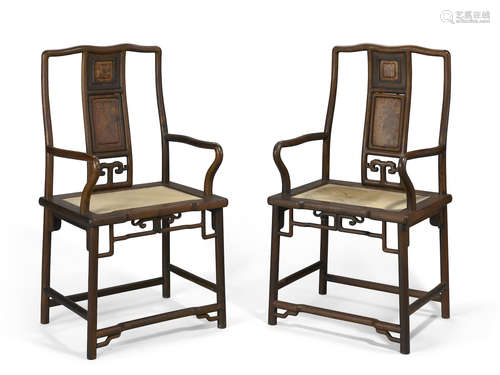 A pair of hongmu and burl inlaid armchairs Late Qing/Republic period