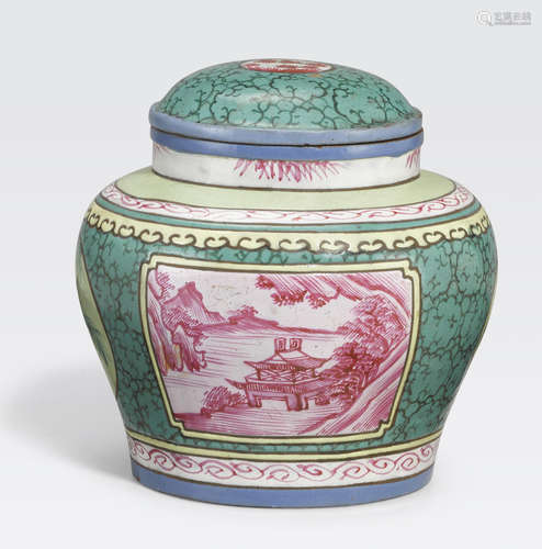 A polychrome enameled yixing pottery tea caddy