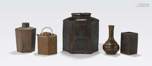 A group of five Yixing pottery vessels